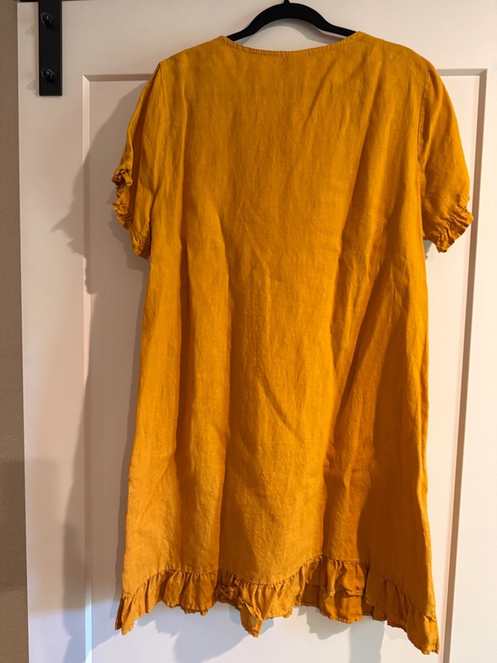 Mustard Yellow Linen Mini Dress with Ruffle Hem - Picture 4 of 6